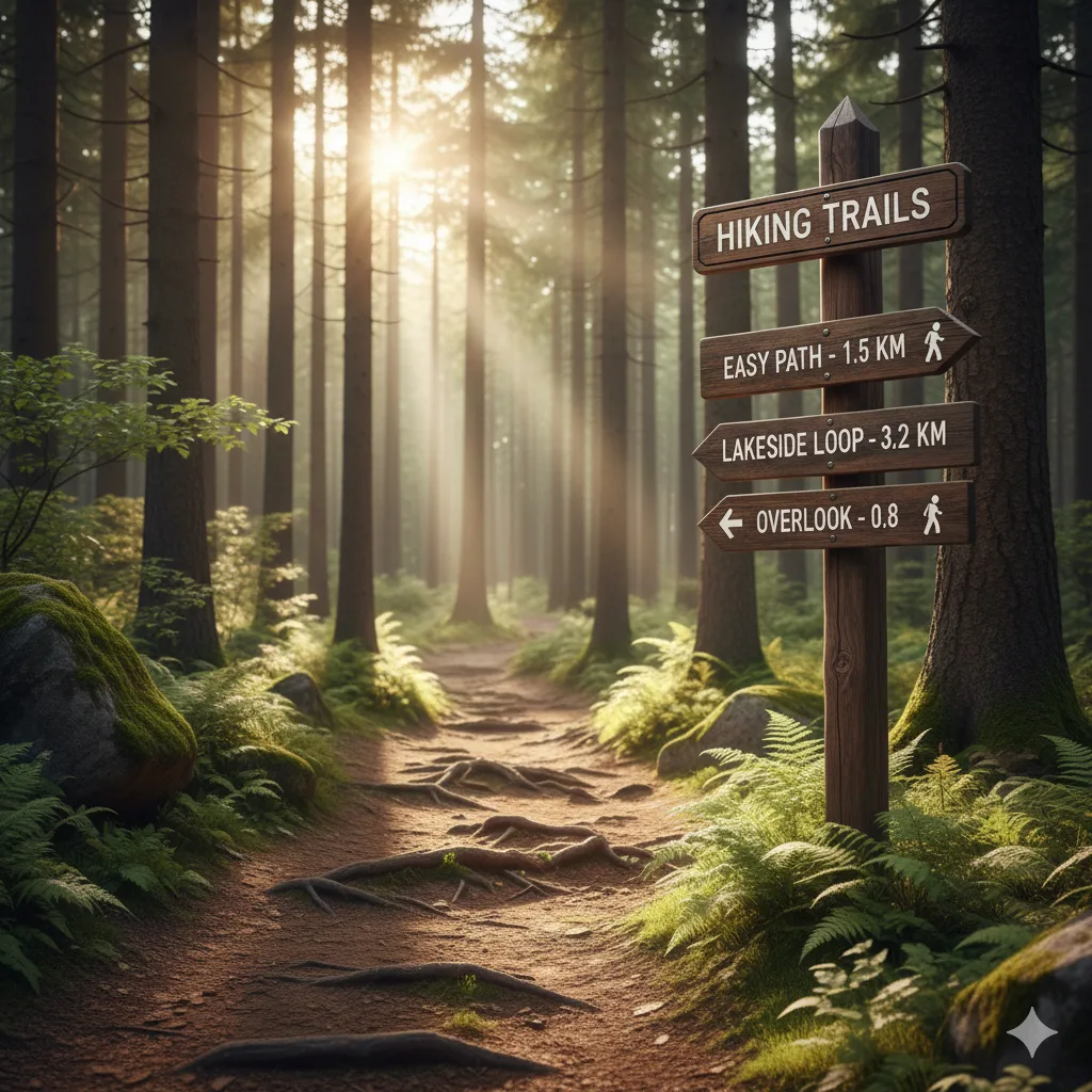 Choosing your first hiking trail starts with reading the signs Wooden trail sign pointing to an easy first hiking trail with distance markers in a forest