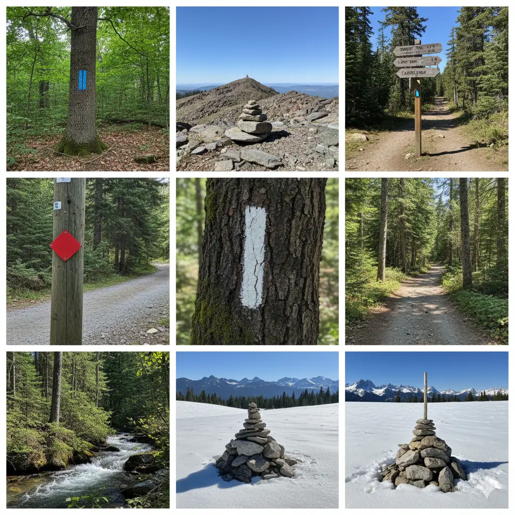 Hiking Trail Signs and Symbols Meaning – Blazes, Colors and Warnings 5 Hiking trail markers and blazes showing trail signs and symbols