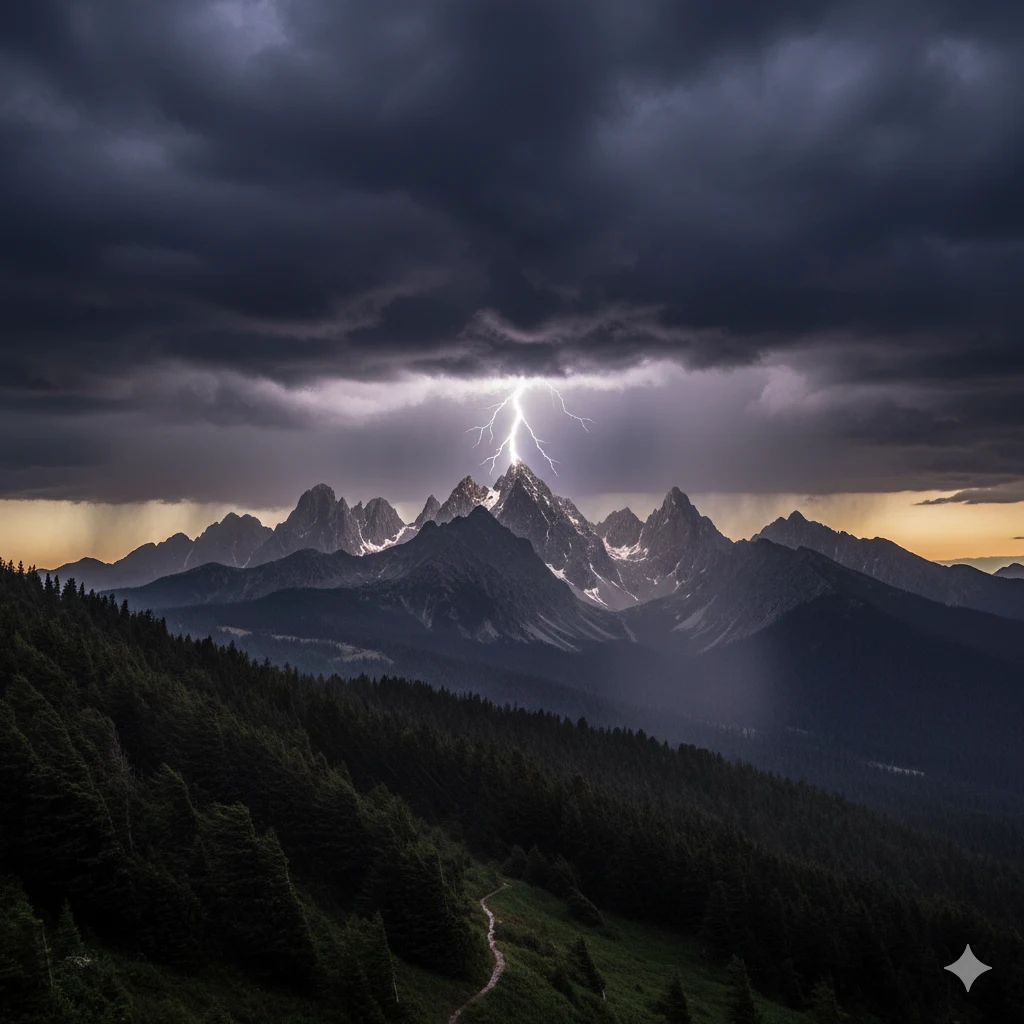 Dark storm clouds with lightning striking mountain peaks in distance