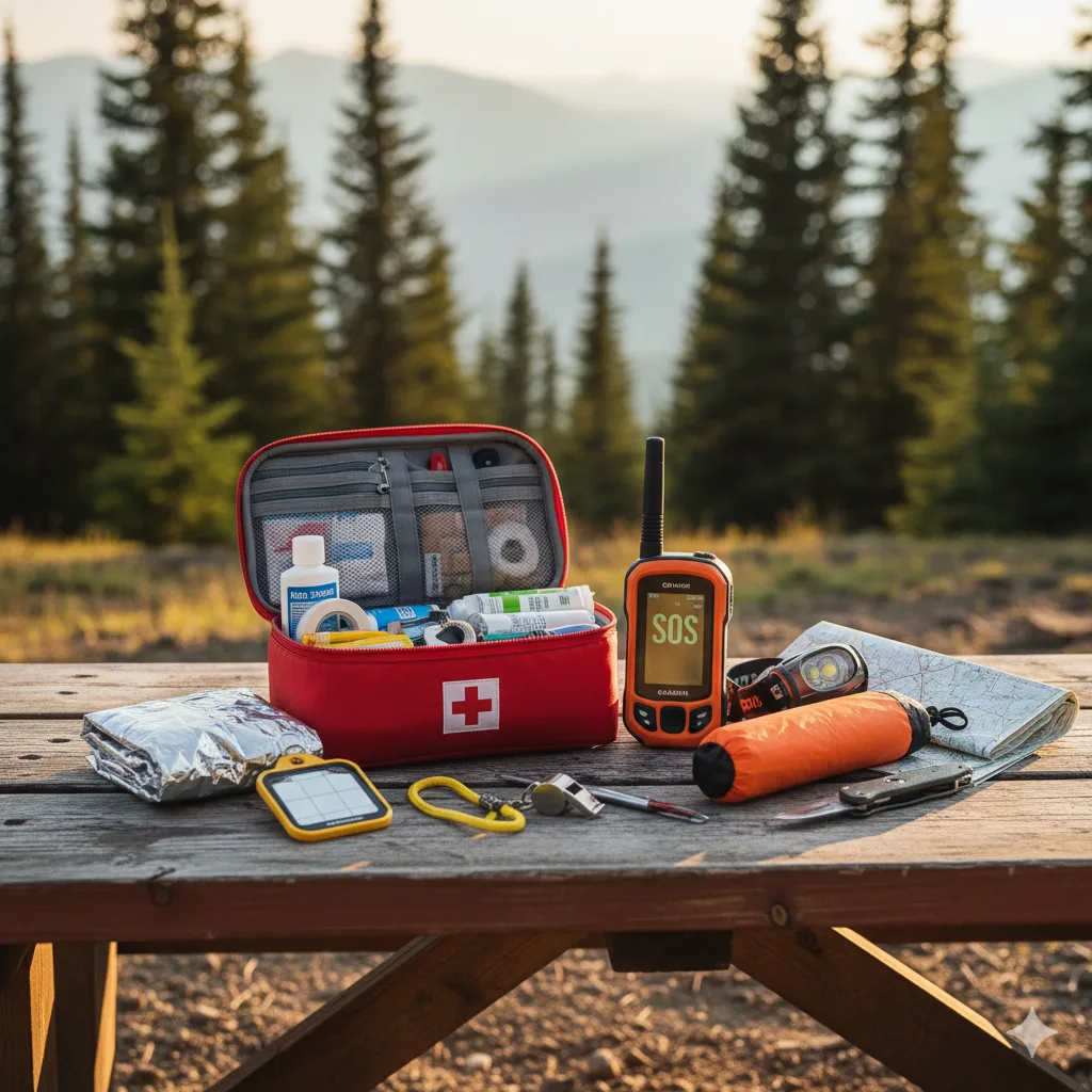 Trekking Safety Tips: Stay Safe Outdoors 5 Essential trekking safety gear including first aid kit, satellite messenger, and emergency shelter