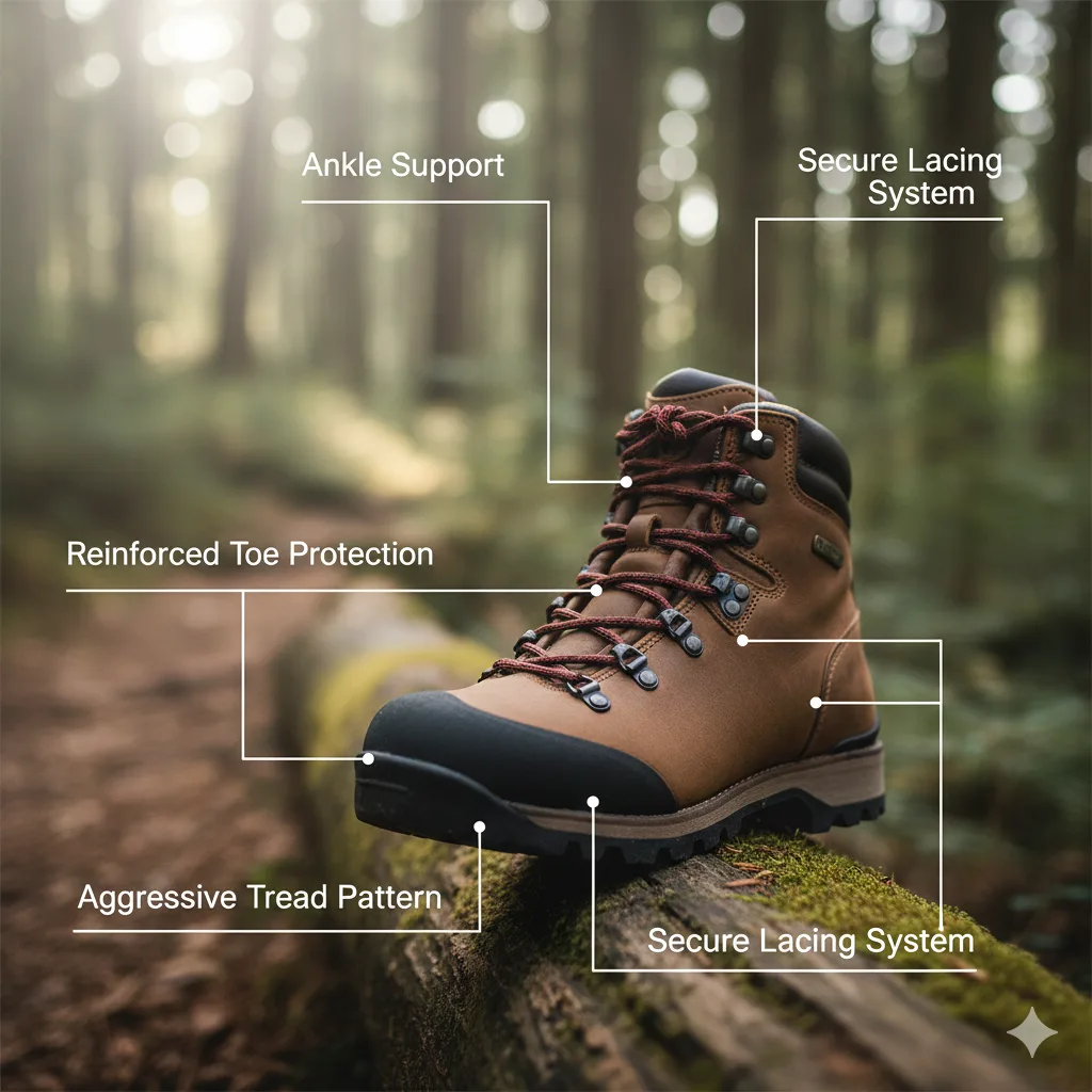 Best Hiking Shoes for Beginners (2026 Guide) 5 Hiking boot diagram showing ankle support, toe protection, tread pattern, and lacing system — key features for beginners