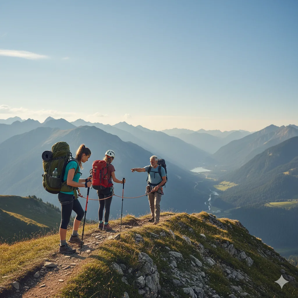 Trekking Safety Tips: Stay Safe Outdoors 4 Group of trekkers using proper trekking safety equipment and staying together on remote mountain trail
