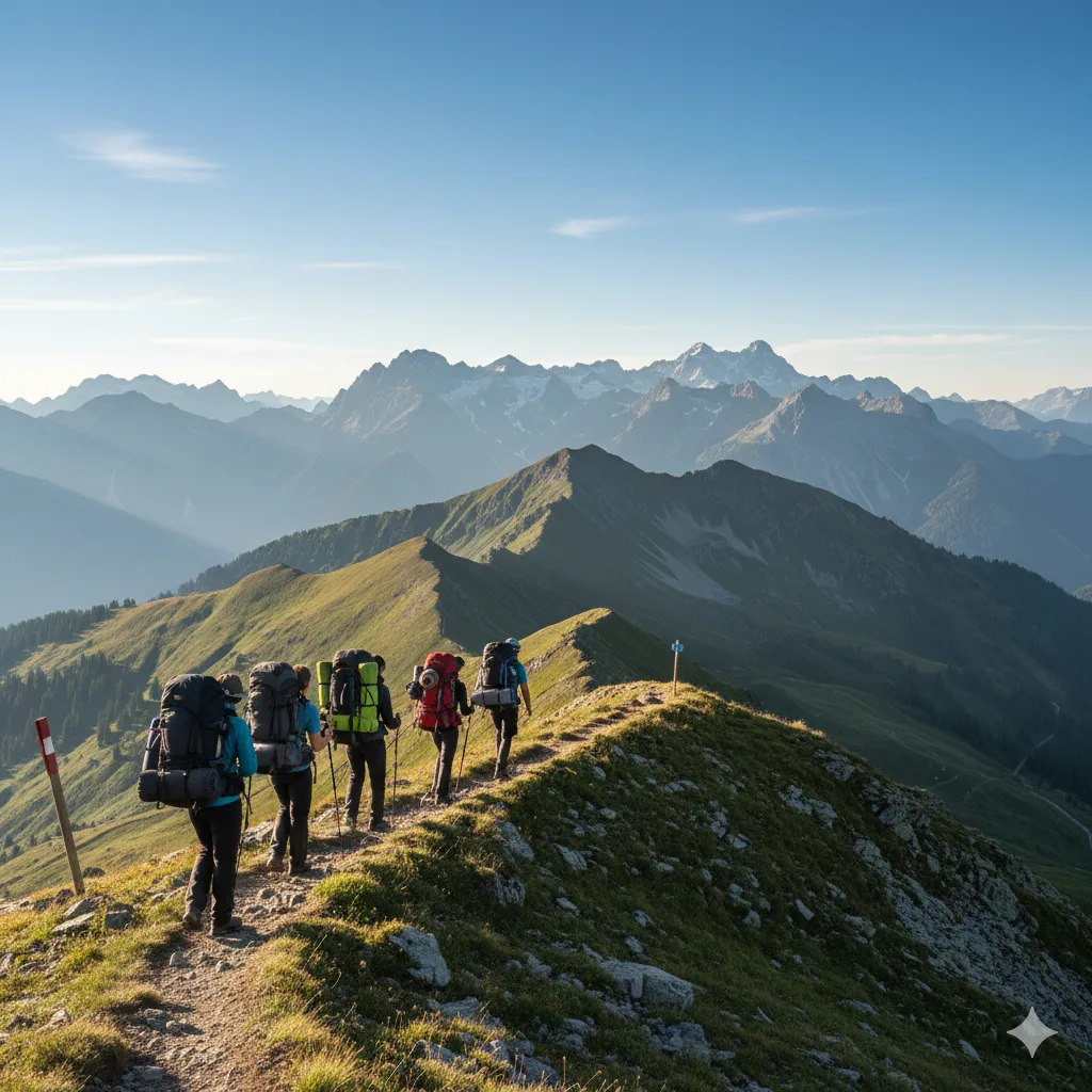What Is Trekking? Complete Beginner's Guide 4 What is trekking - group of trekkers with backpacks walking along a scenic mountain trail