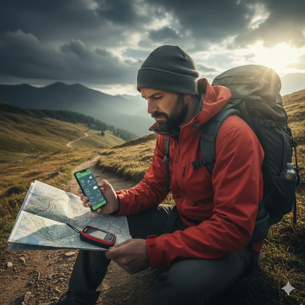 Hiker checking detailed weather forecast on smartphone with trail map beside them