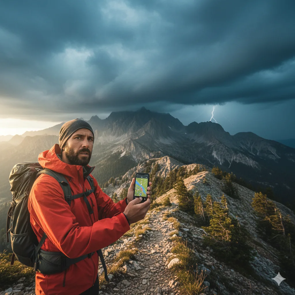 Hiker looking at darkening storm clouds over mountain range while checking weather conditions