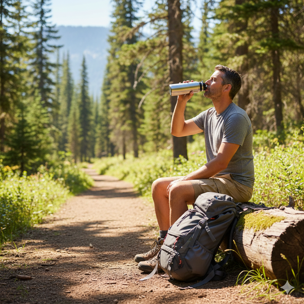 How Long Should a Hike Be for Beginners? Distance & Time Guide 6 Hiker sitting on a log taking a water break with a peaceful expression on a scenic trail