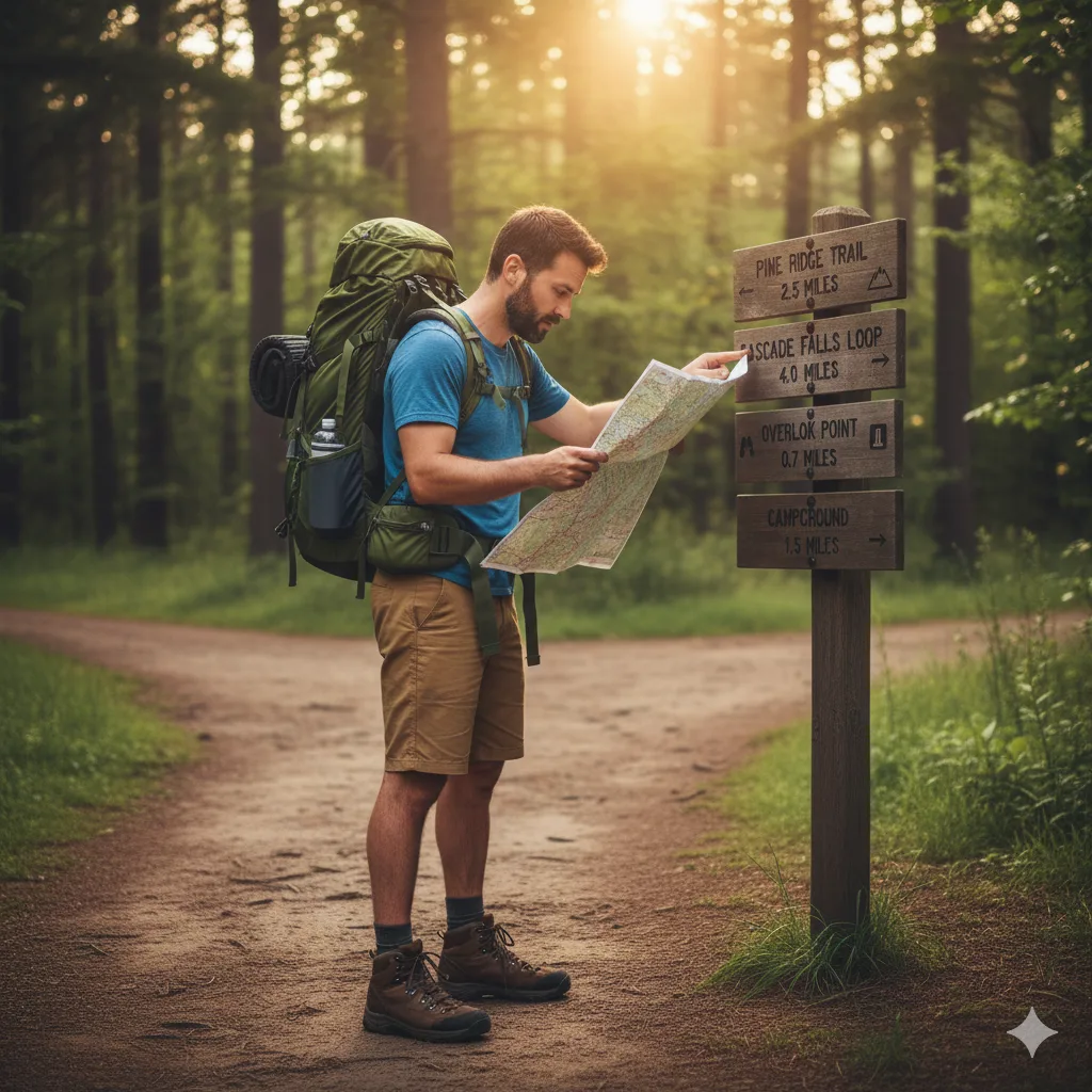 Hiking Trail Signs and Symbols Meaning – Blazes, Colors and Warnings 6 Hiker reading hiking trail signs and symbols at junction