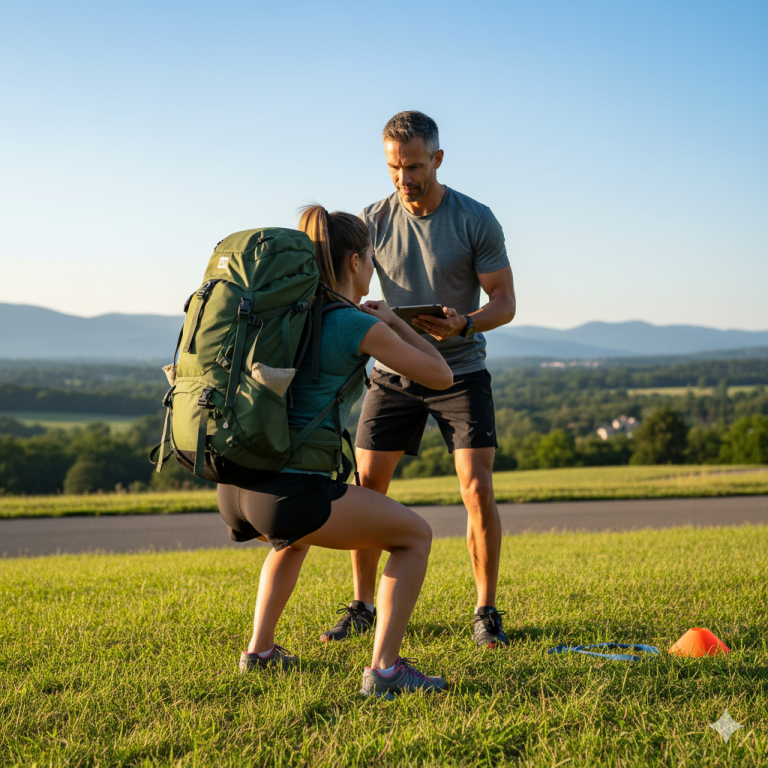Person doing fitness assessment with trainer checking form during exercise routine