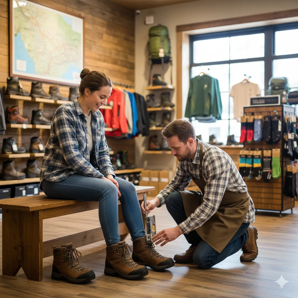 Best Hiking Shoes for Beginners (2026 Guide) 6 Person trying on hiking shoes for beginners in an outdoor gear store with a salesperson checking proper fit