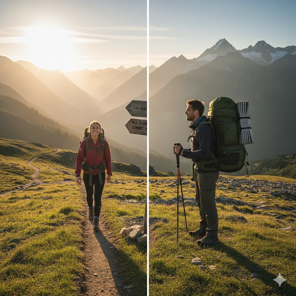 Side-by-side comparison of day hiker with small pack versus trekker with full camping gear