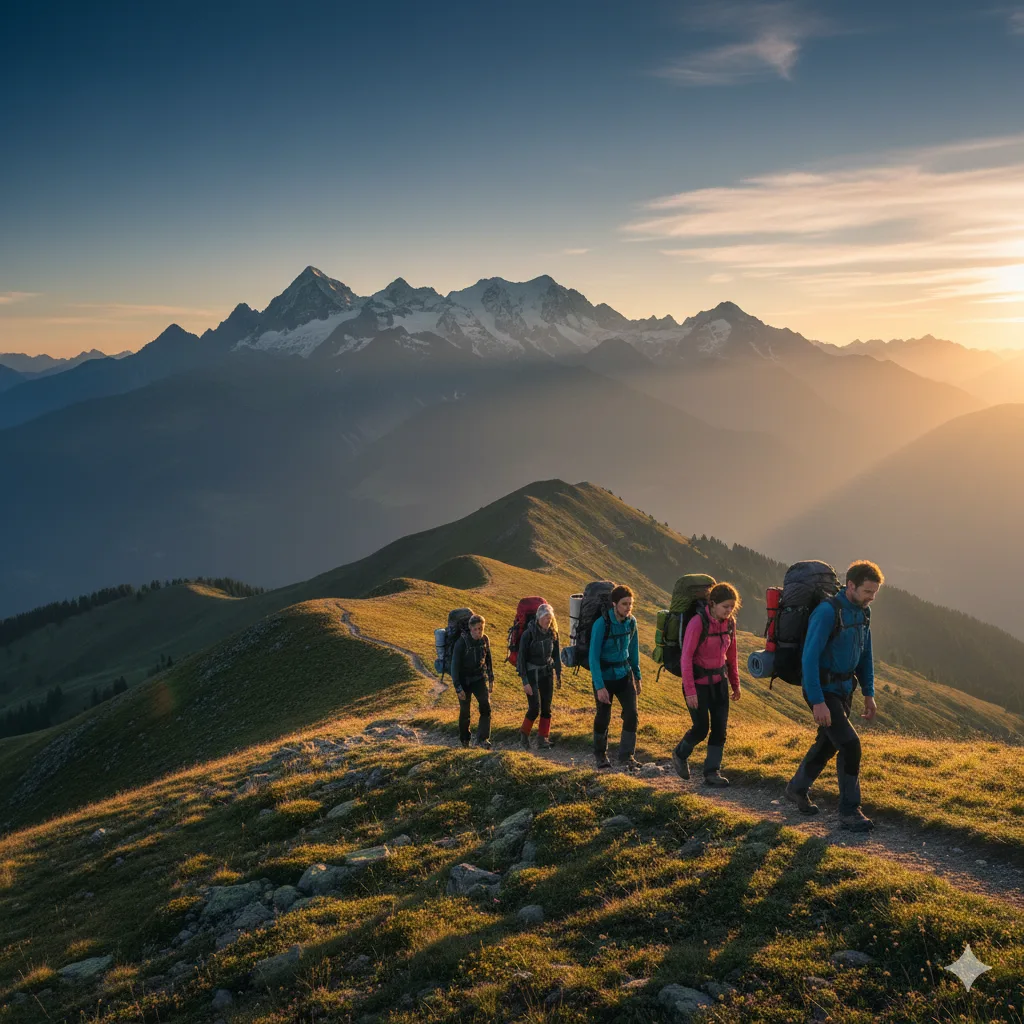 Beginners following multi-day trekking tips on a mountain trail at sunrise with backpacks