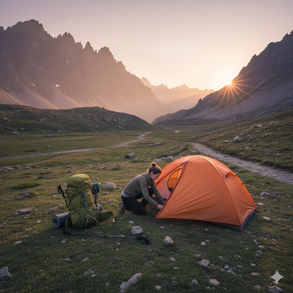 Beginner trekker setting up tent at mountain campsite during golden hour following multi-day trekking tips