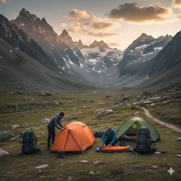 Trekkers setting up camp with tents in remote mountain valley surrounded by peaks