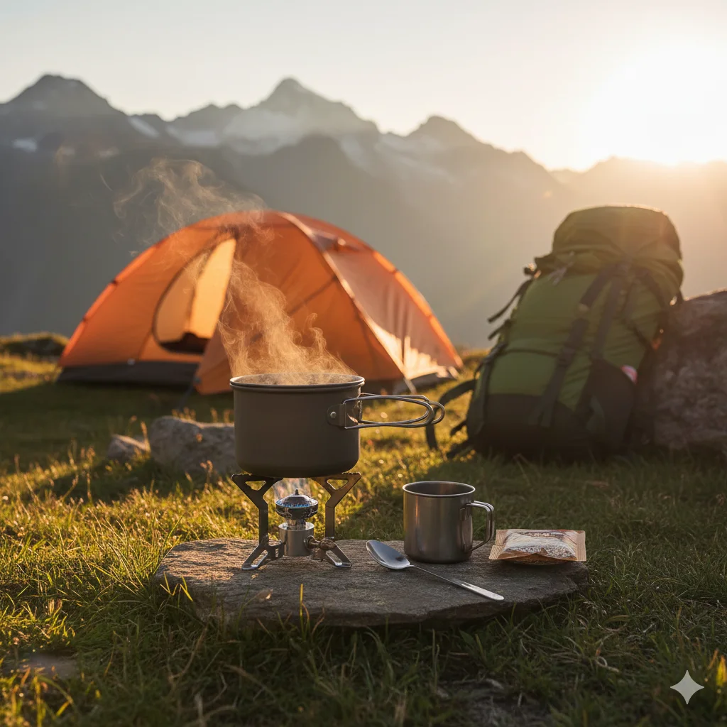 Essential Trekking Gear Guide for Beginners 6 Trekking stove and cookware set up at campsite showing essential trekking gear for cooking