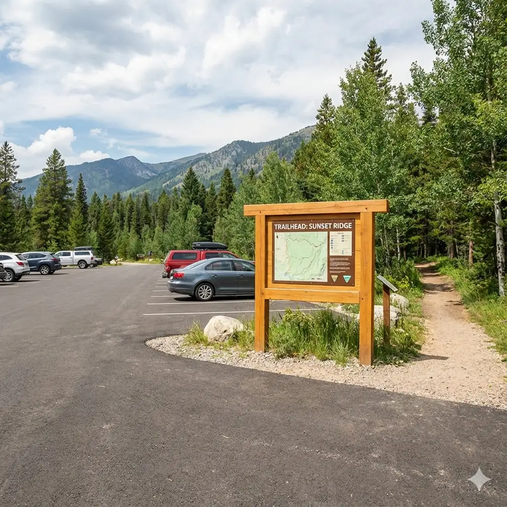 A well-equipped trailhead makes starting your first hike much easier Well-maintained trailhead with paved parking and clear signage — ideal for a first hiking trail