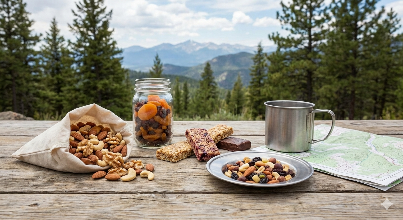 Hiking Food Planning Guide 2 Assortment of trail-friendly snacks including nuts, dried fruit, and energy bars