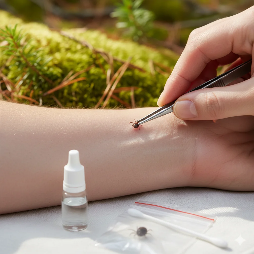 Hiking First Aid Basics: Treat Trail Injuries 9 close-up demonstration of proper tick removal technique with fine-tipped tweezers for hiking first aid
