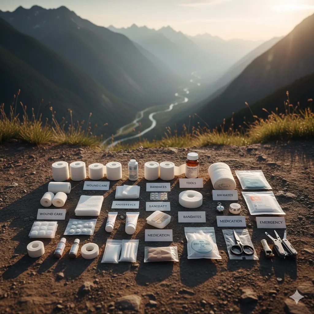 Hiking First Aid Basics: Treat Trail Injuries 7 hiking first aid kit contents organized and labeled on ground showing essential trail supplies