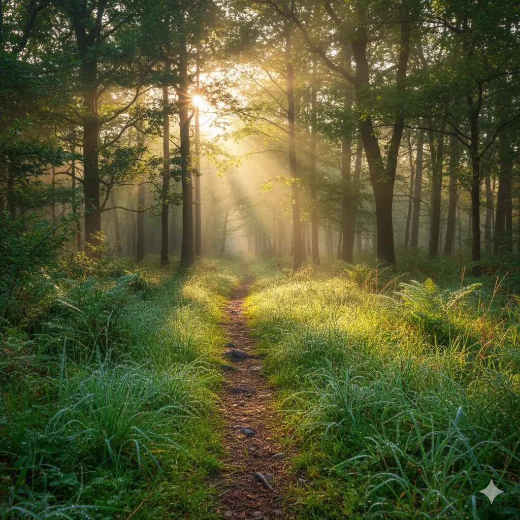 Best time of day to go hiking: forest trail with morning dew and sunlight