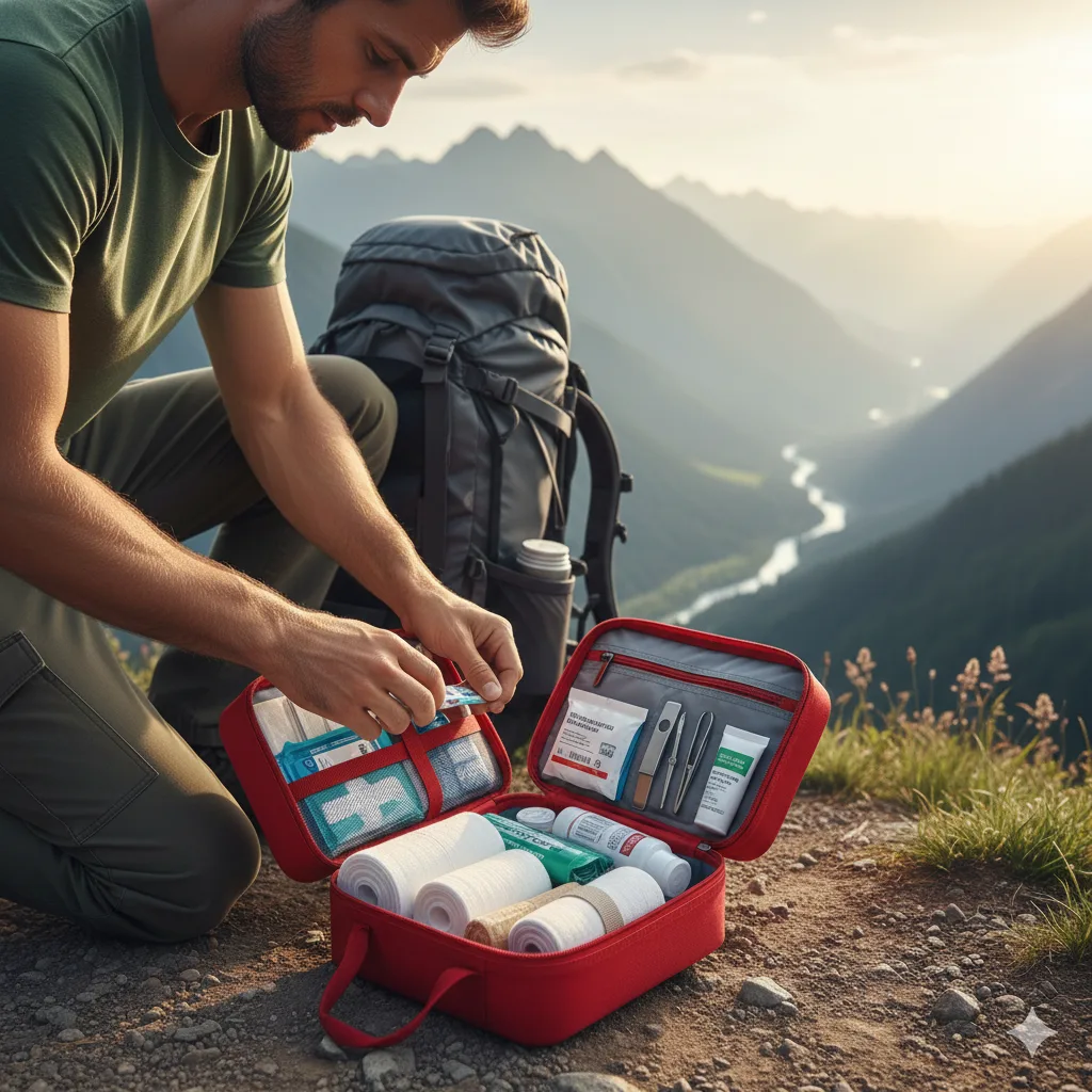 Hiking First Aid Basics: Treat Trail Injuries 6 hiker opening a hiking first aid kit on the trail with medical supplies visible