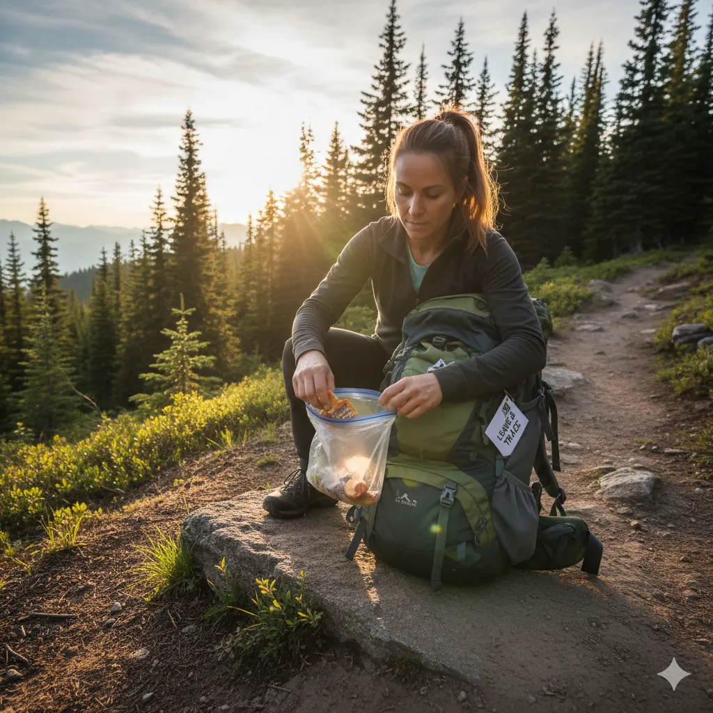 Hiking Food Planning Guide 5 Hiker putting food wrapper into designated trash bag following Leave No Trace principles