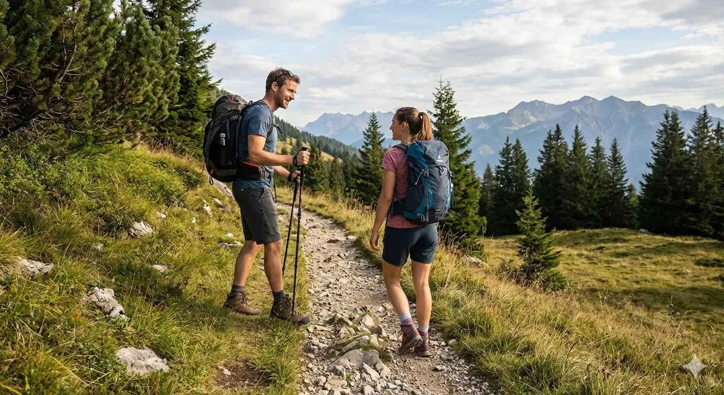 Hiking Trail Etiquette: Rules & Leave No Trace Tips 10 Hiker stepping aside to let another hiker pass on a forest trail, demonstrating proper hiking trail etiquette