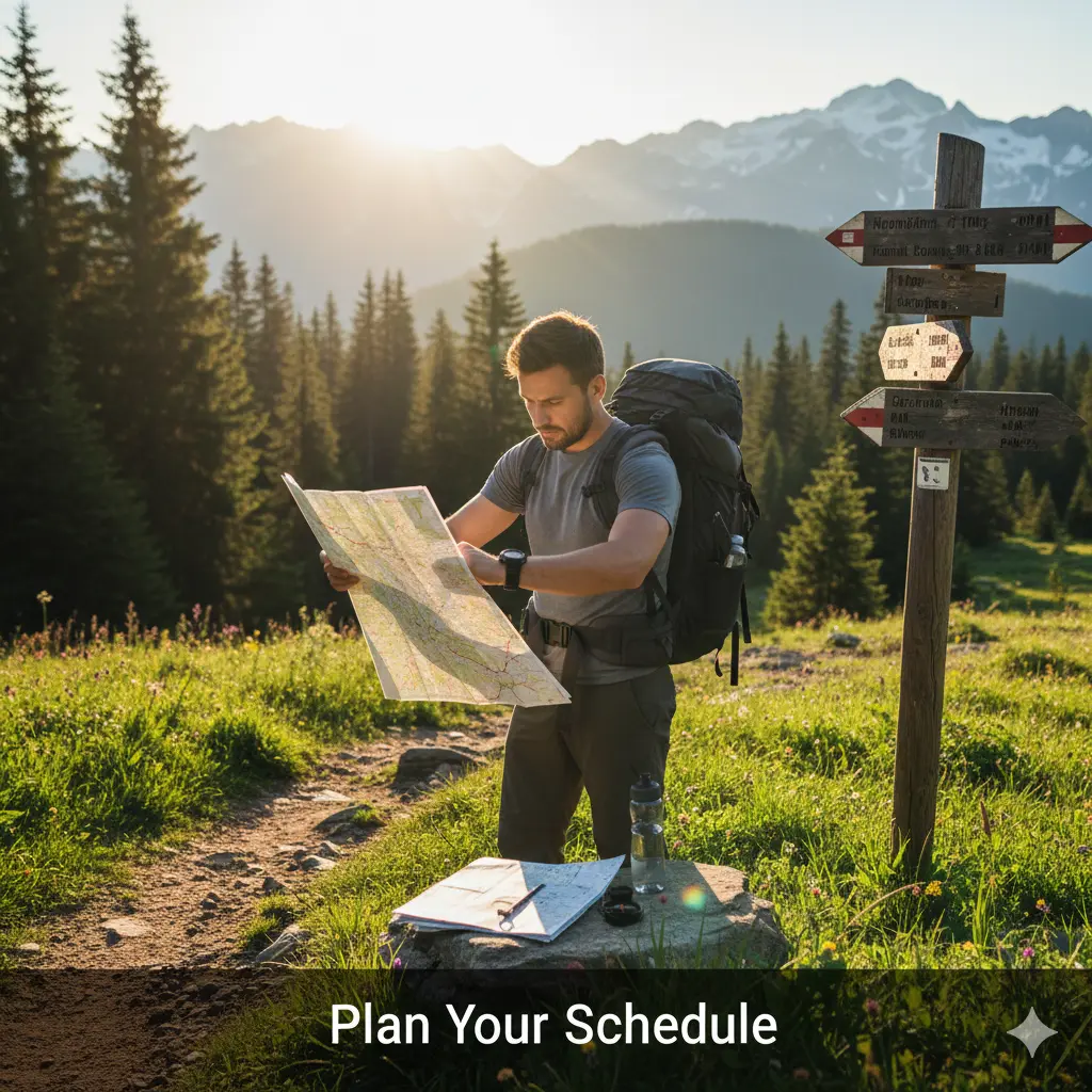 Best time of day to go hiking: hiker planning route with map and watch