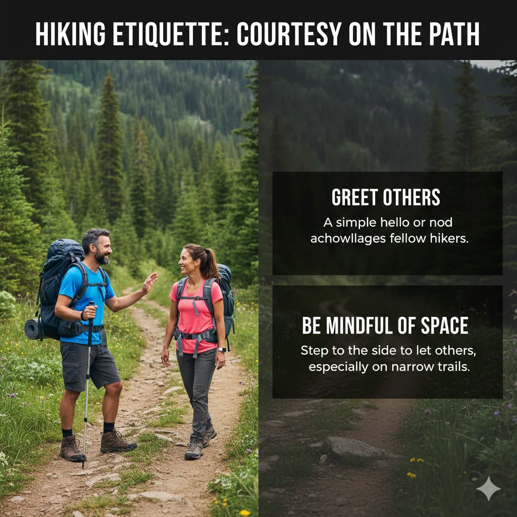 Hiking Trail Etiquette: Rules & Leave No Trace Tips 13 Hikers greeting each other politely while passing on a trail, a key part of hiking trail etiquette