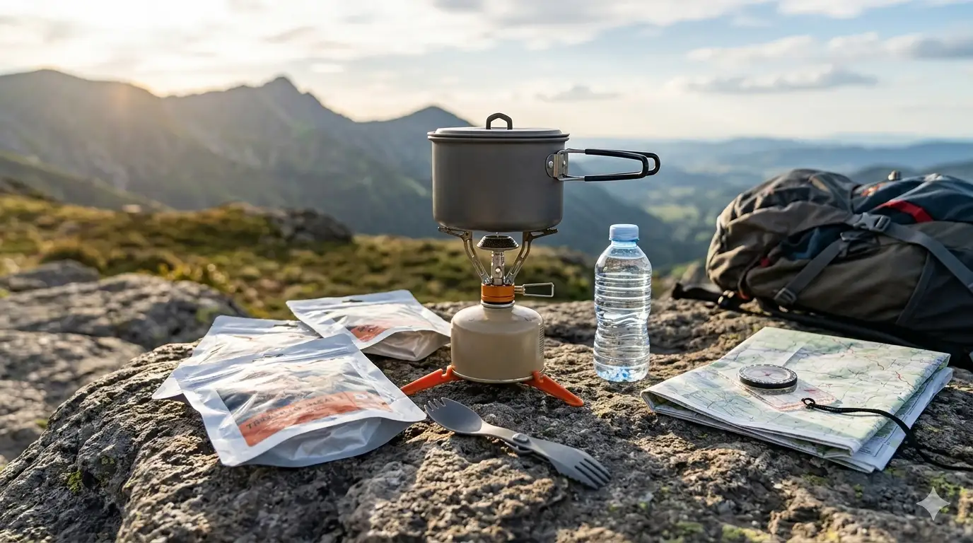 Ultimate Trekking Packing Checklist for Multi-Day Hikes (2026 Guide) 3 Backpacking stove, cooking pot, and dehydrated meals laid out for trekking