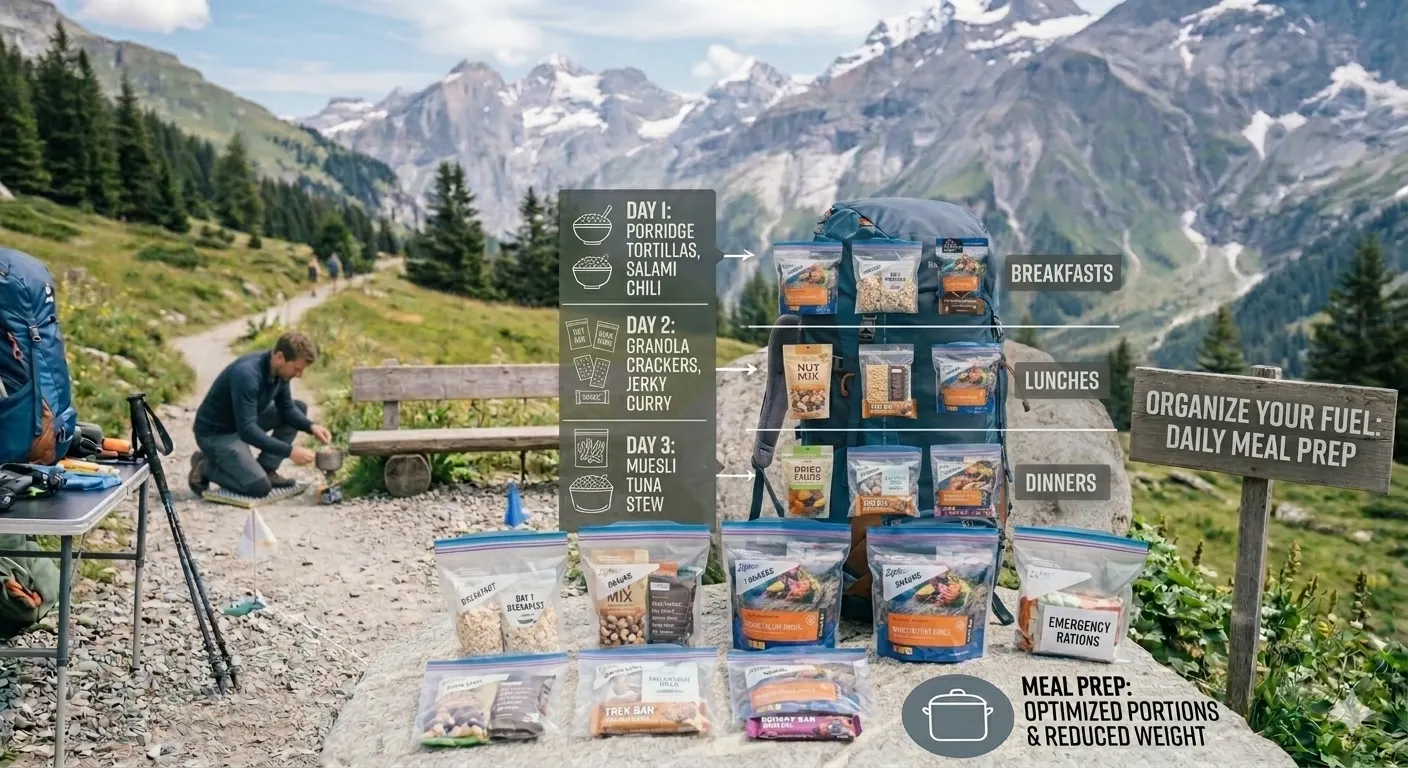 Complete 3-day trekking food supply organized and displayed showing all meals for a multi-day hiking trip