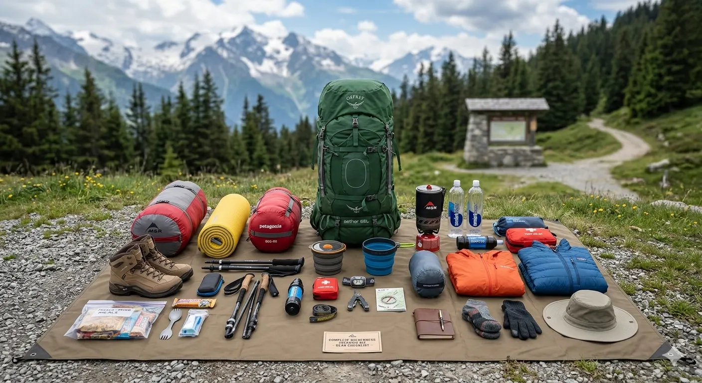 Complete trekking gear laid out including backpack, tent, sleeping bag, and camping equipment