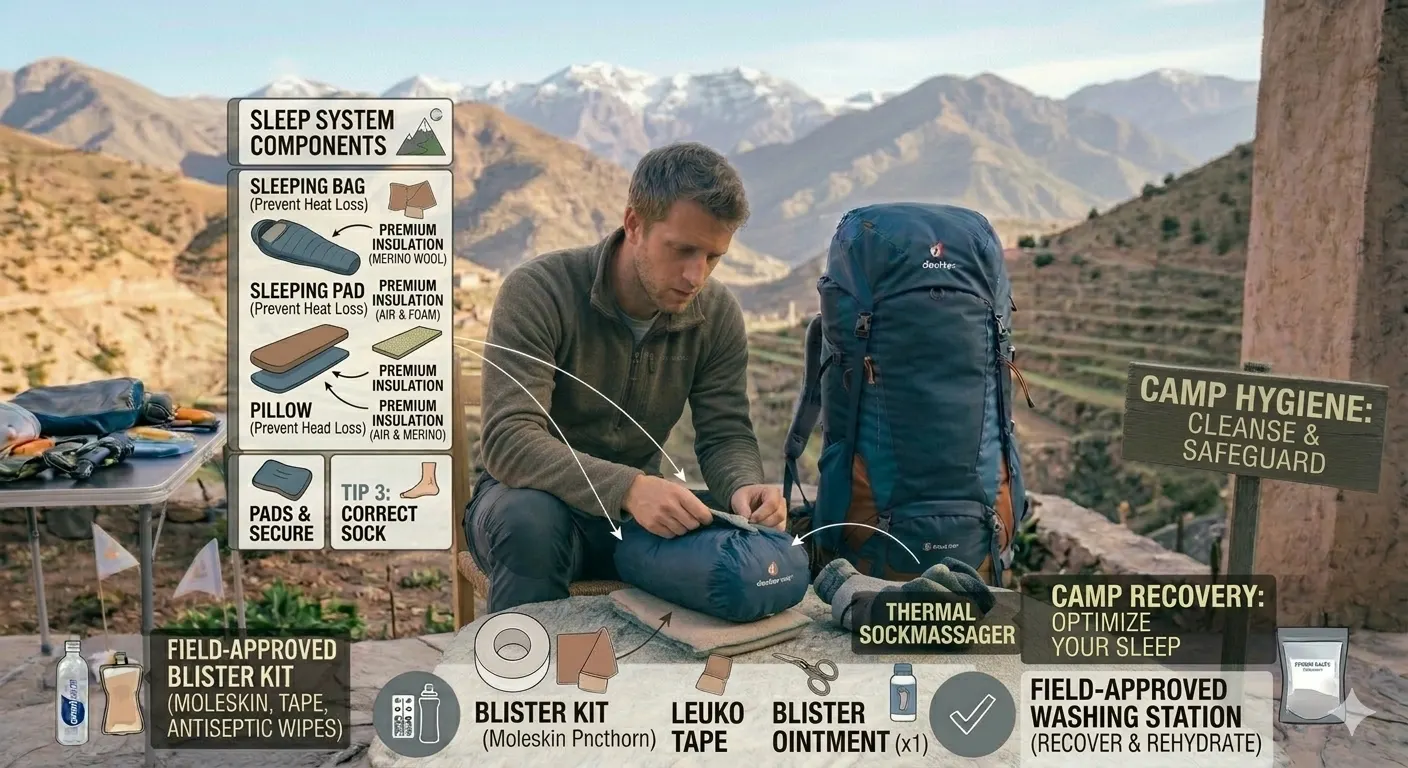 Complete trekking sleeping system with sleeping bag, pad, and pillow laid out at campsite