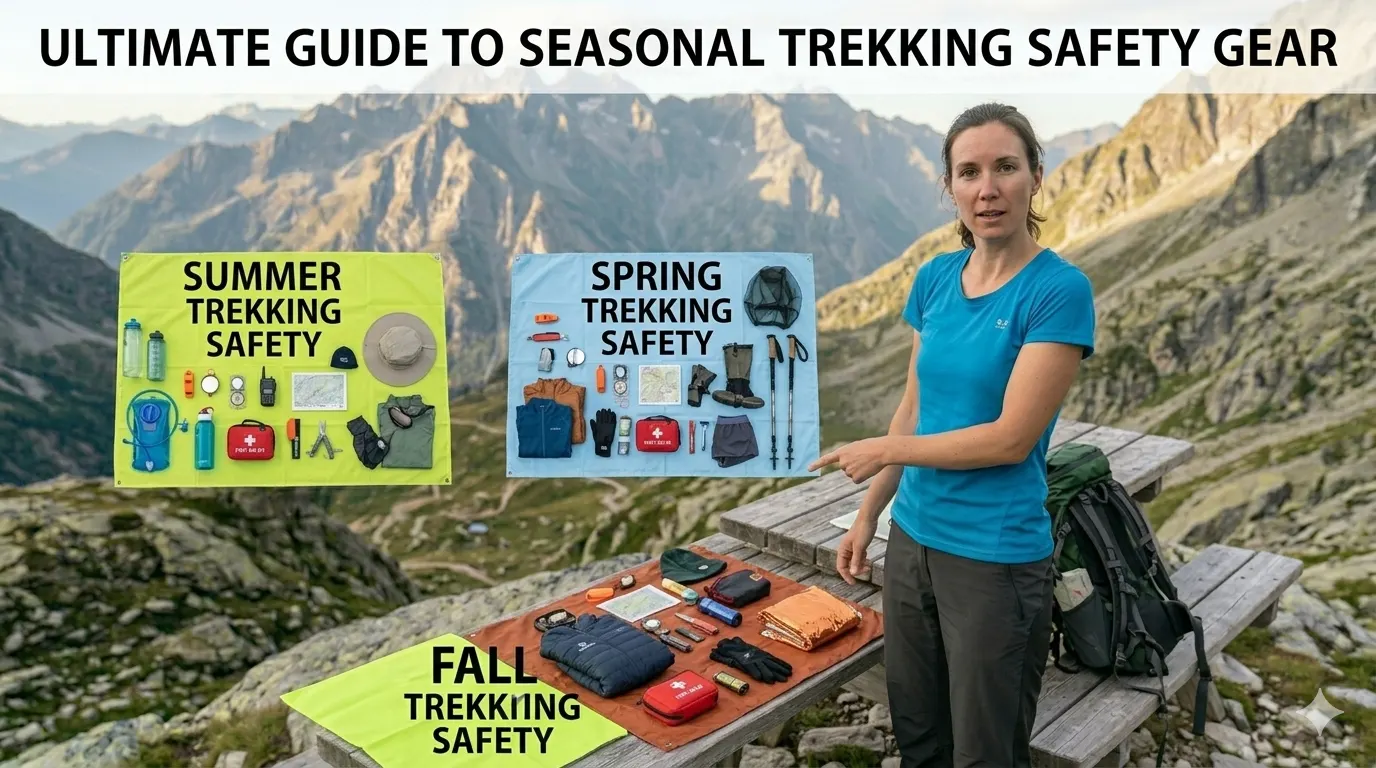 Different safety gear layouts for summer, spring, and fall trekking seasons