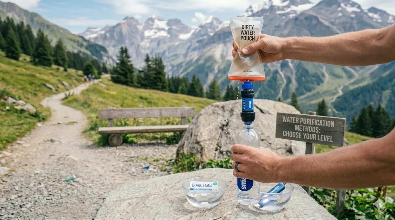 Water Purification for Trekking: Methods, Tips and Best Practices 3 Hands demonstrating proper technique for using a squeeze water filter on the trail