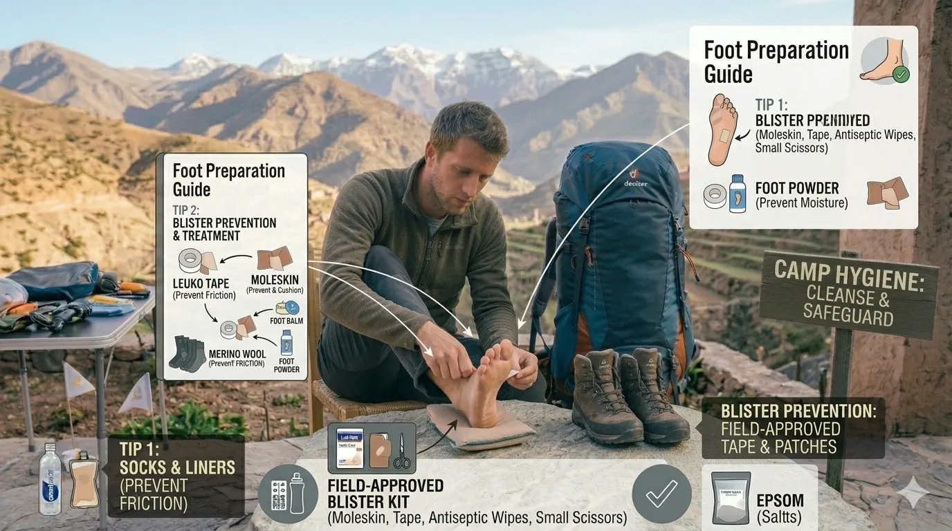 How to Prevent Blisters While Trekking 7 Hiker applying blister prevention tape to feet before a trek to prevent blisters while trekking