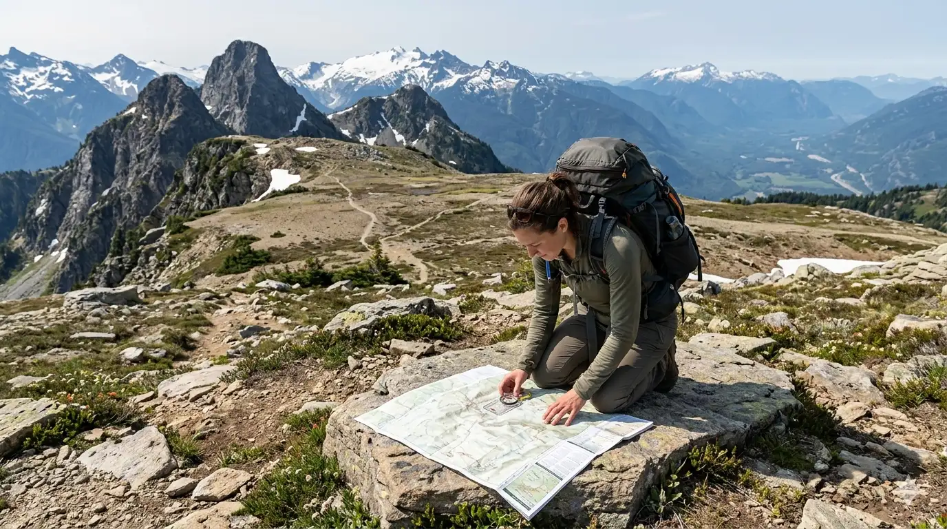 Hiker studying a trail map on a mountain plateau