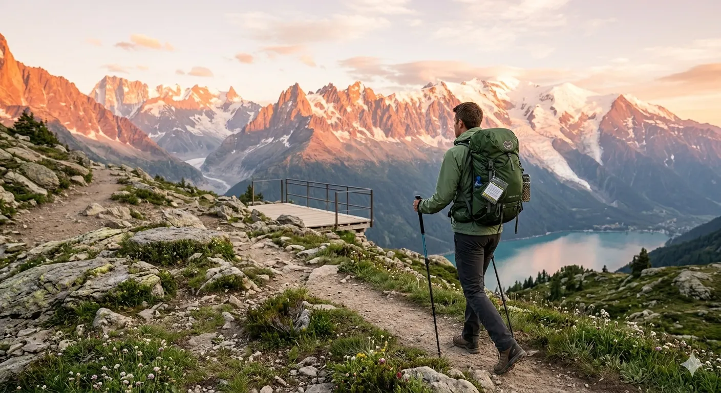 Hiker with backpack walking on a mountain trail at sunrise