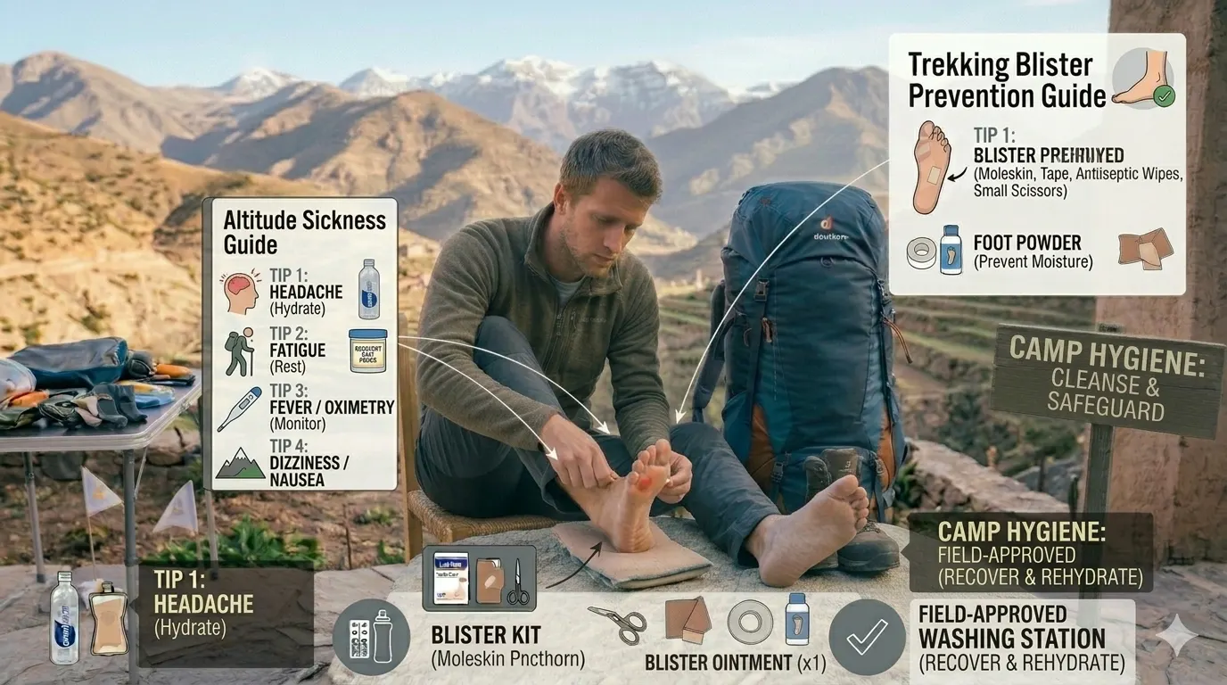 High Altitude Trekking for Beginners 2 Illustration of common altitude sickness symptoms including headache, nausea, and fatigue for trekkers