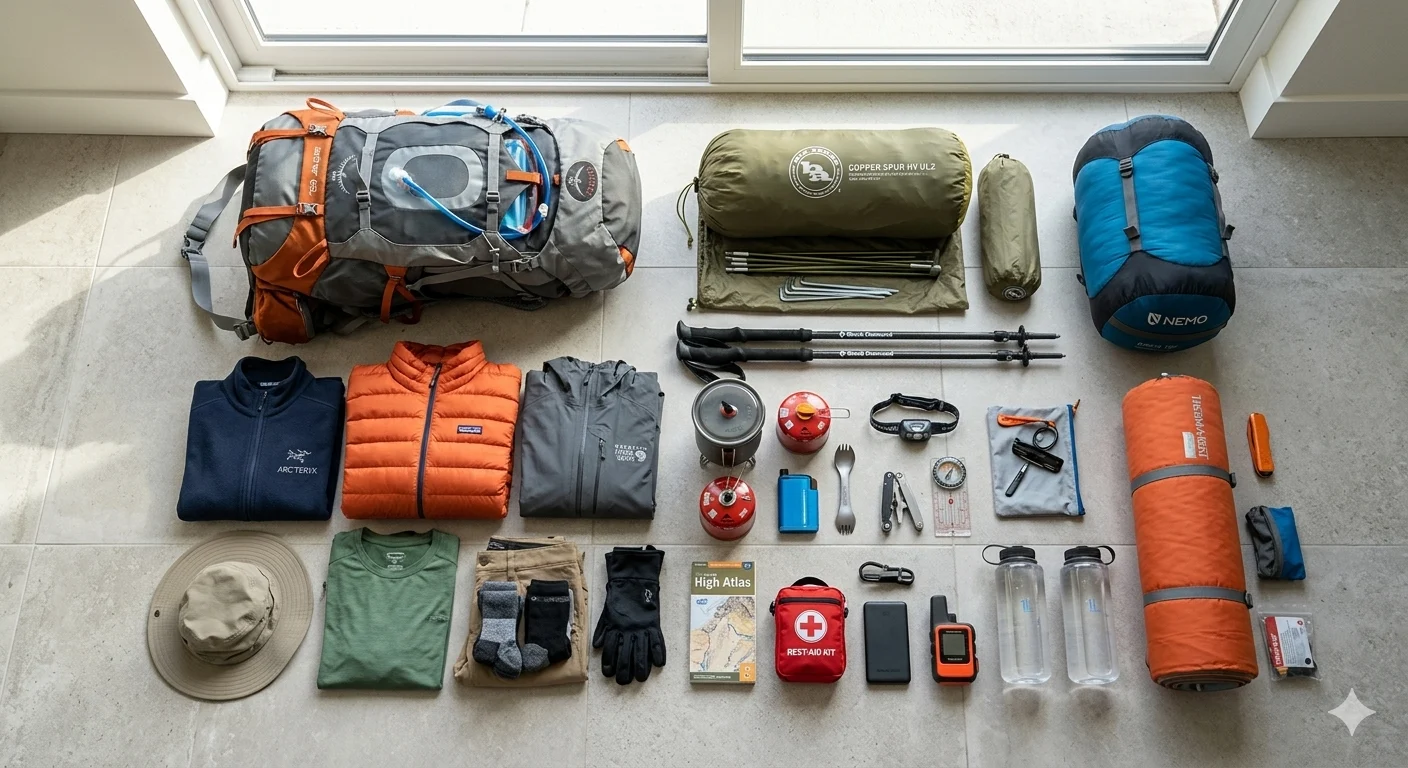 Ultimate Trekking Packing Checklist for Multi-Day Hikes (2026 Guide) 1 Organized trekking gear laid out on floor including backpack, tent, sleeping bag, and clothing