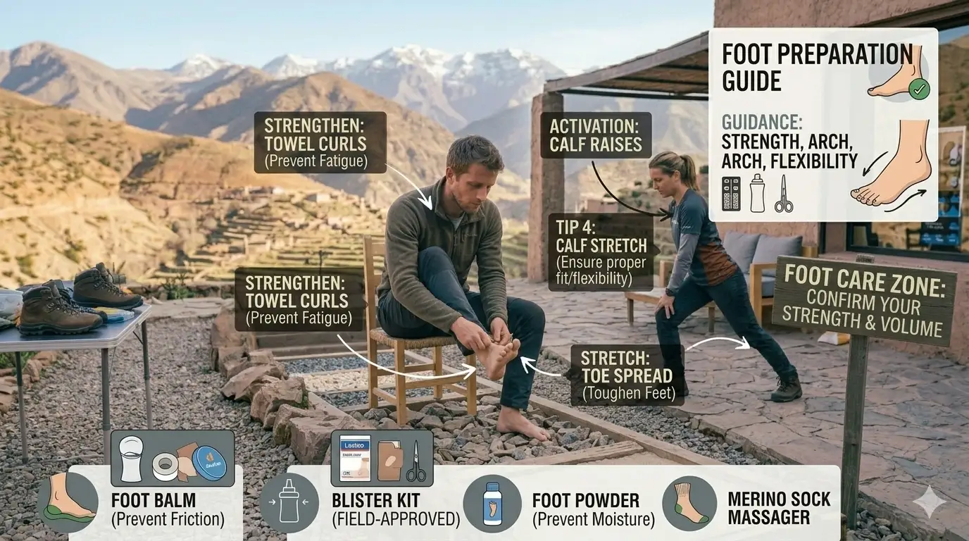 Foot Care for Trekking: Prevent Blisters & Pain 3 Person doing foot strengthening exercises and stretches preparing for trekking
