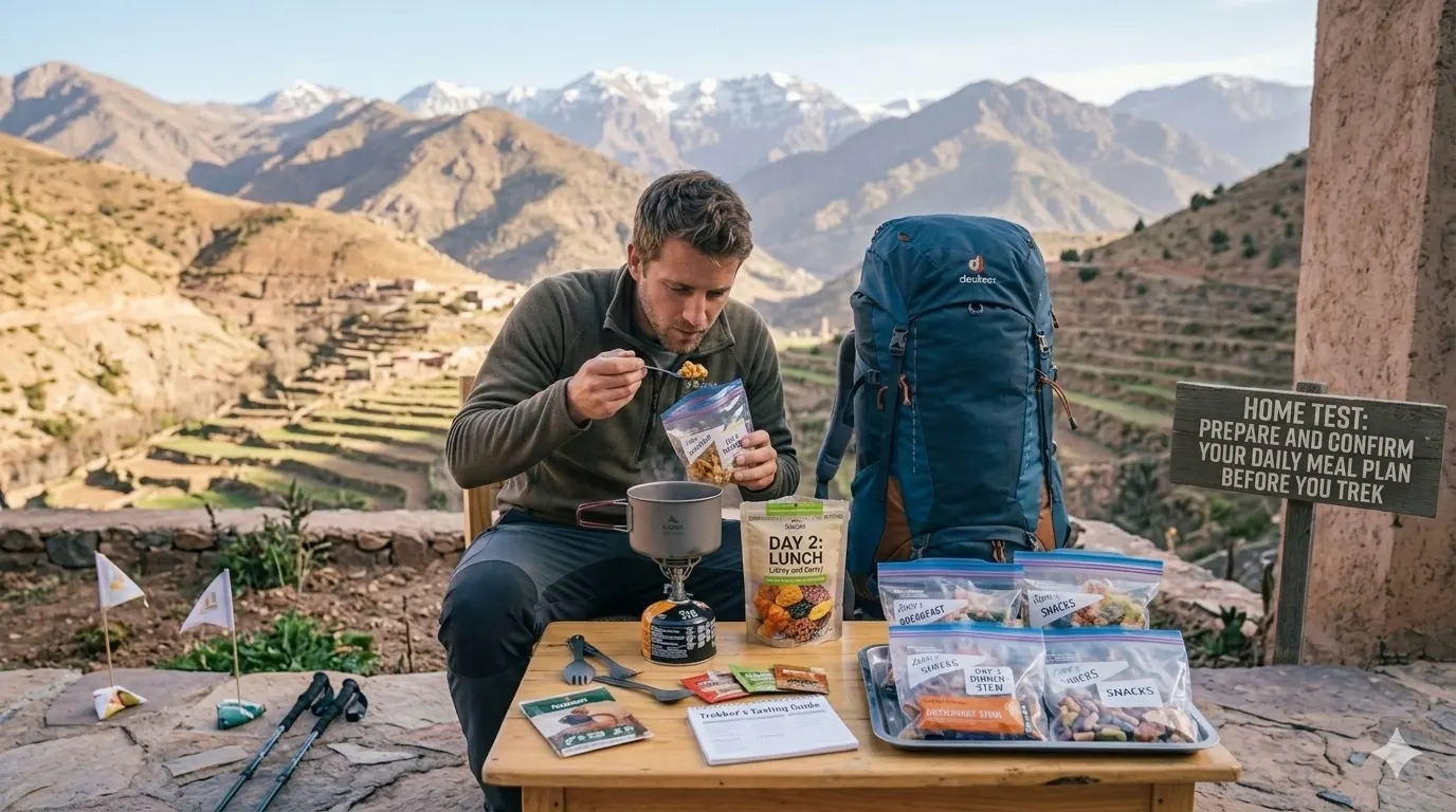 Person testing freeze-dried trekking meal at home before an actual multi-day trek