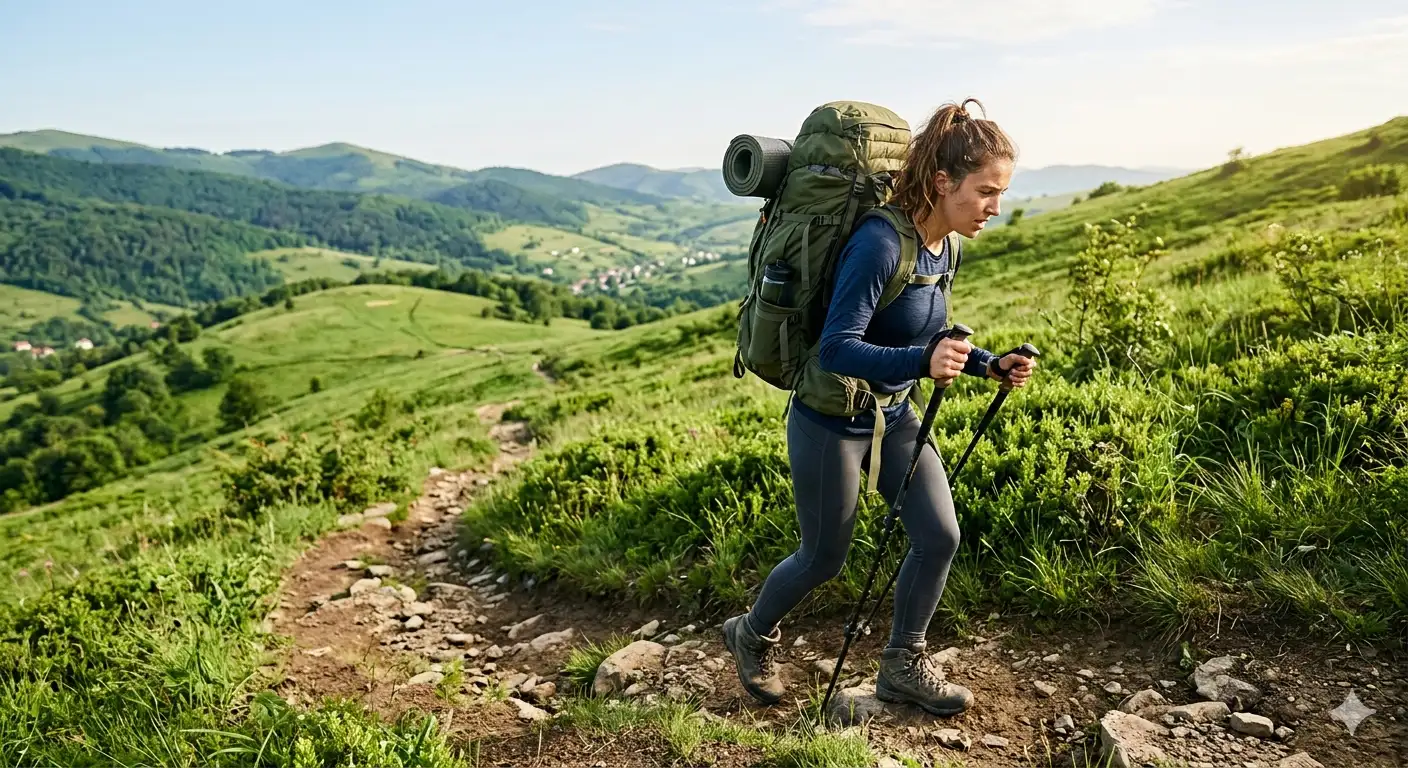 Person training on a hill trail with a loaded backpack in green countryside
