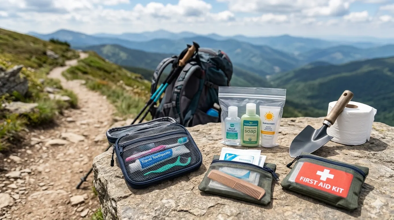 Ultimate Trekking Packing Checklist for Multi-Day Hikes (2026 Guide) 4 Personal hygiene items and toiletries organized in small bags for trekking