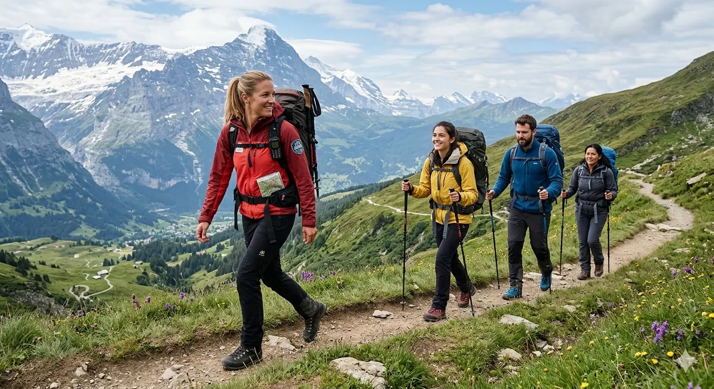 Guided vs Solo Trekking: Which Is Right for You? 8 Professional guide leading small group of trekkers safely along a mountain trail