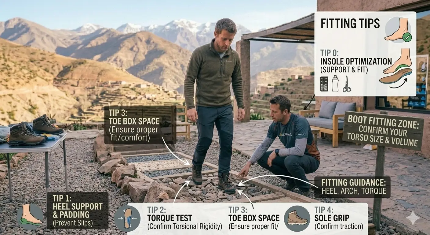 Foot Care for Trekking: Prevent Blisters & Pain 2 Properly fitted trekking boots being tested in outdoor store with guidance from expert