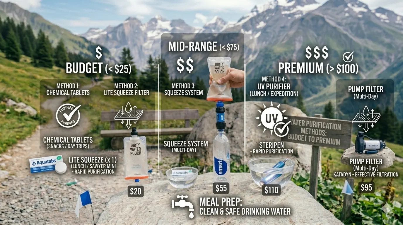Water Purification for Trekking: Methods, Tips and Best Practices 5 Range of water purification systems for trekking from budget to premium options showing price comparison