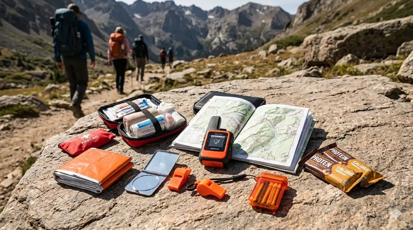 Trekking in Remote Areas: What to Know 3 Remote trekking gear laid out including satellite messenger, maps, first aid kit, and emergency supplies
