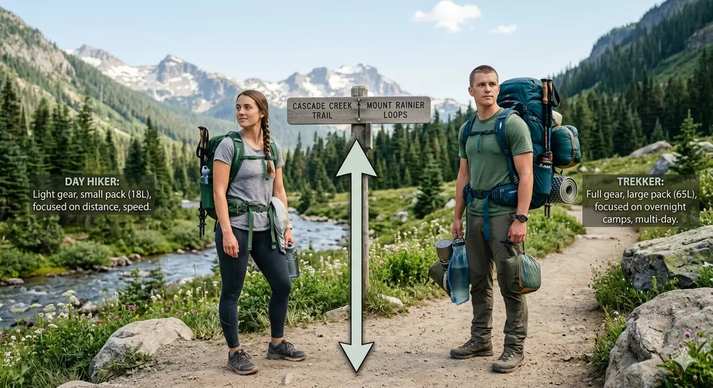 Day Hiking vs Trekking: Key Differences Explained 1 day hiker with small daypack vs trekker with large backpack comparison