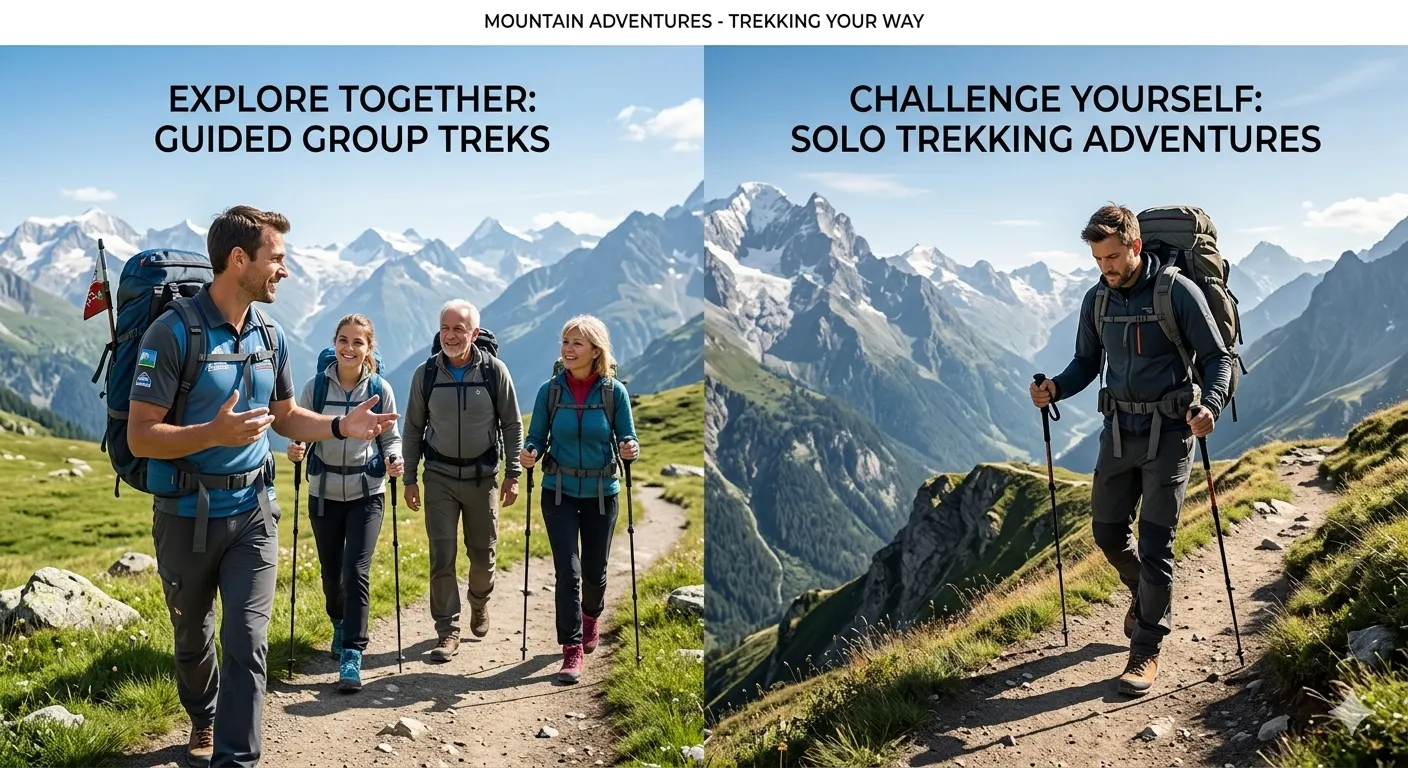 Guided vs Solo Trekking: Which Is Right for You? 7 Guided vs solo trekking comparison showing group trek and independent hiker on mountain trail