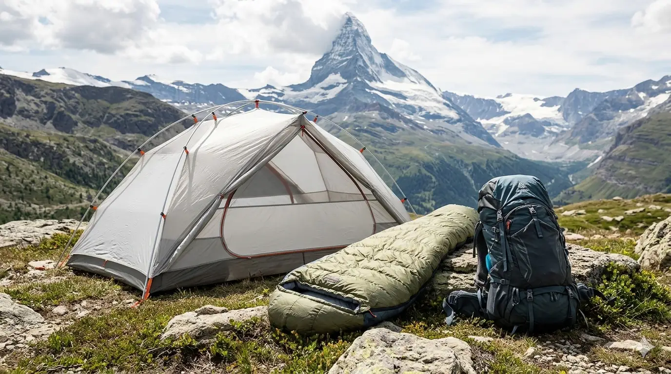 Ultimate Trekking Packing Checklist for Multi-Day Hikes (2026 Guide) 2 Tent, sleeping bag, and backpack displayed as the big three essential trekking items